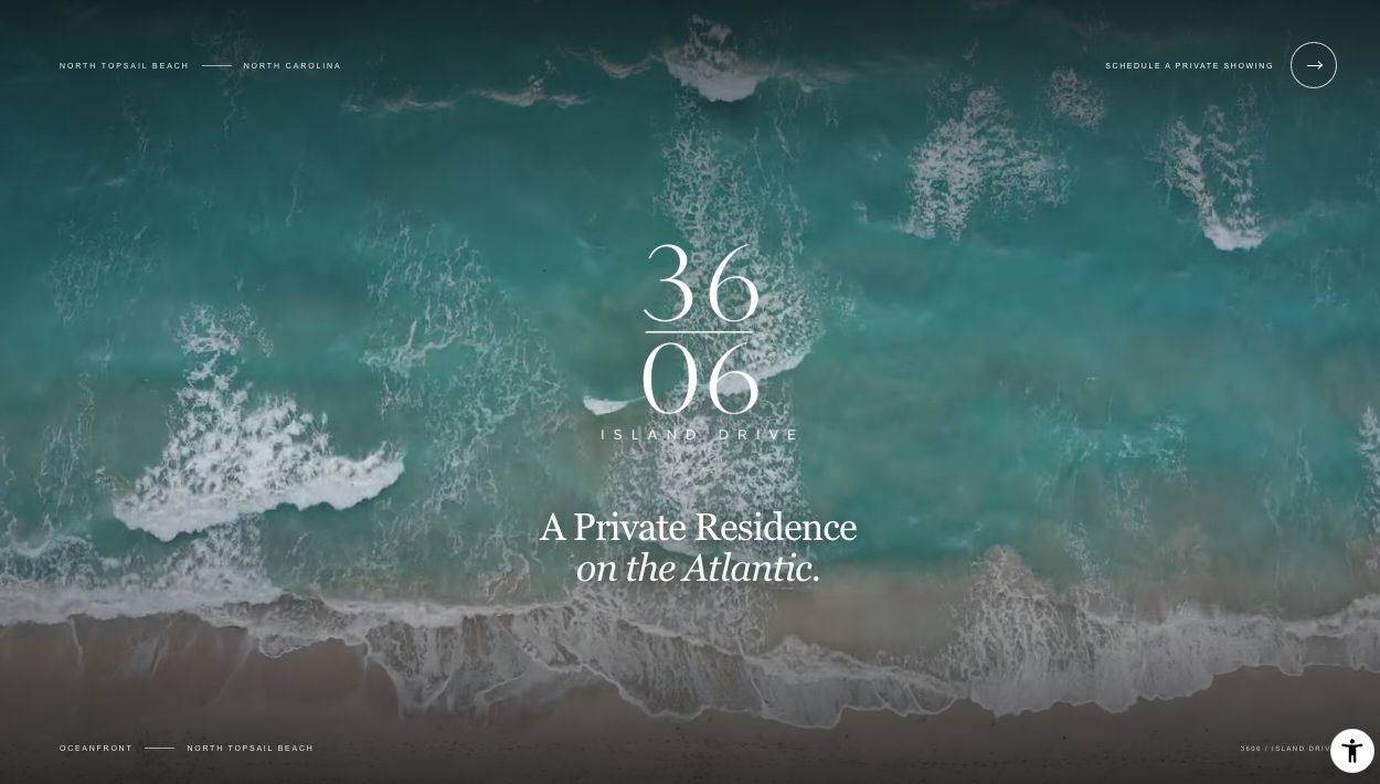 Actual 3606 Island Drive website with aerial ocean imagery and A Private Residence on the Atlantic headline